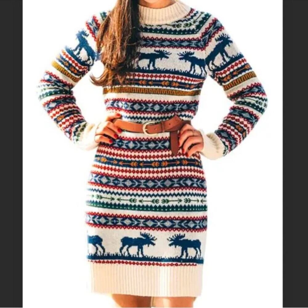 Kiel James Patrick Cozy Cabin Sweater Dress Women’s Moose Knit Long Sleeve Small - Picture 1 of 9
